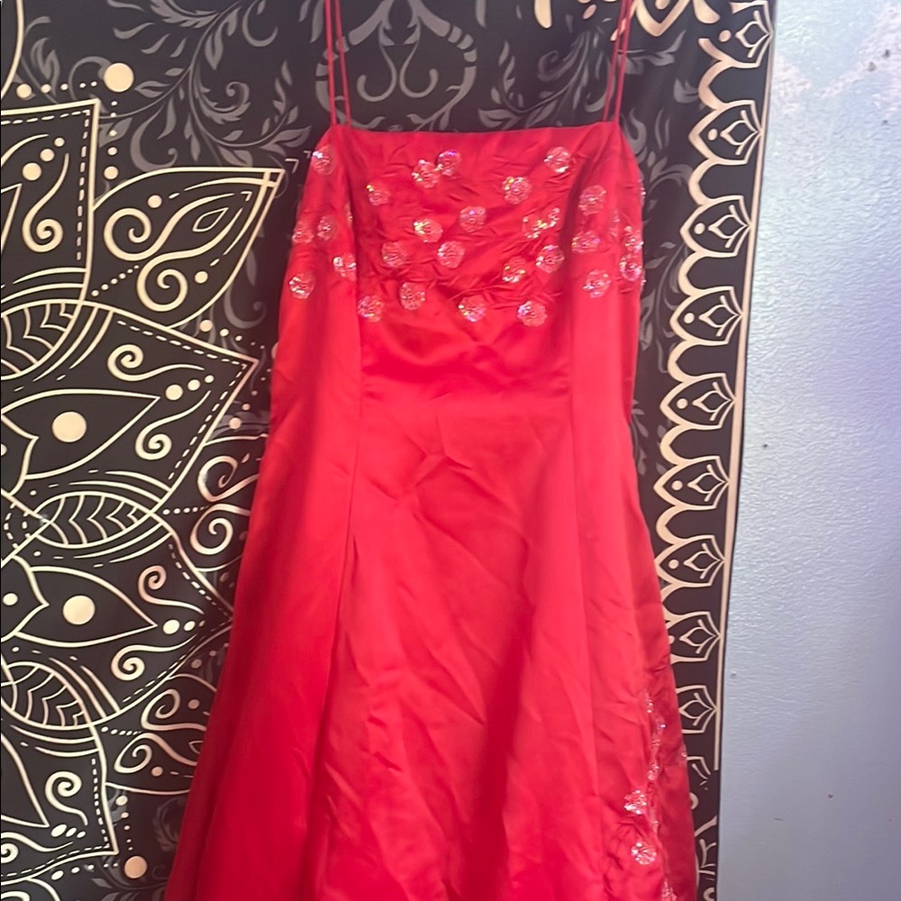 Elegant Red Dress with Floral Embellishments